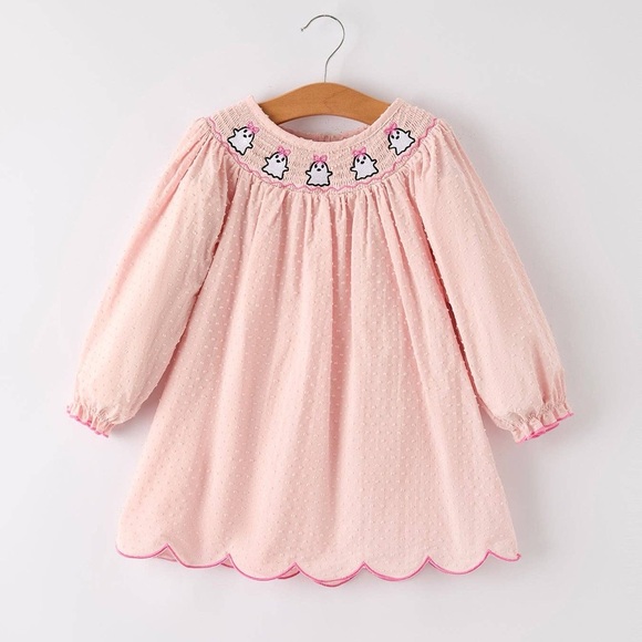🎃 Rylee Faith Designs Ghost Smocked Scallop Dress 2 3 4 5 6 - Picture 1 of 6